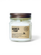Load image into Gallery viewer, JD Candle Co. Magnolia + Peony 8 oz soy candle in a clear mason jar with a bronze lid on a white back ground