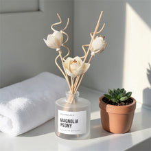 Load image into Gallery viewer, JD Candleo Co. 5.7 oz frosted round Diffuser with floral sticks and a small potted plant on a surface