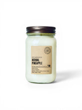 Load image into Gallery viewer, JD Candle Co. Herbal Pineapple 16 oz soy candle in a clear mason jar with a bronze lid on a white back ground