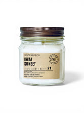 Load image into Gallery viewer, JD Candle Co. Ibiza Sunset 8 oz soy candle in a clear mason jar with a bronze lid on a white back ground