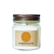 Load image into Gallery viewer, A marshmallow scented wax candle in a clear glass 8 oz mason jar with a dark brown metal lid and a tan paper label. The label features a circular orange logo for JD CANDLE CO. SOY WAX CANDLE

