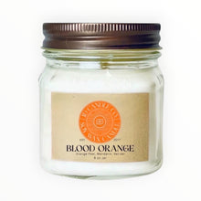 Load image into Gallery viewer, JD Candle Co. Blood Orange scented soy wax candle in an 8 oz glass jar with a rustic brown lid. Features a kraft paper label with orange and black text.