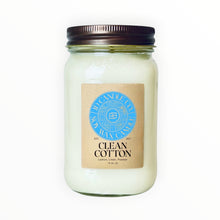 Load image into Gallery viewer, JD Candle Co. Clean Cotton 16 oz jar candle with a bronze lid. Scent notes of lemon, linen, and powder.