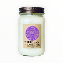 Load image into Gallery viewer, JD Candle Co. white sage and lavender scented soy wax candle in a 16 oz mason jar with a bronze lid. Promotes relaxation and calming.